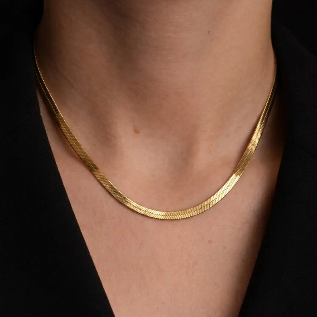 18K Gold Filled Herringbone Flat Snake Chain Necklace – Flexible Liquid Gold Collar Necklace for Women